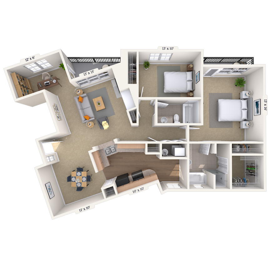 Floor plan for 2 beds, 2 baths, 1420 sqft
